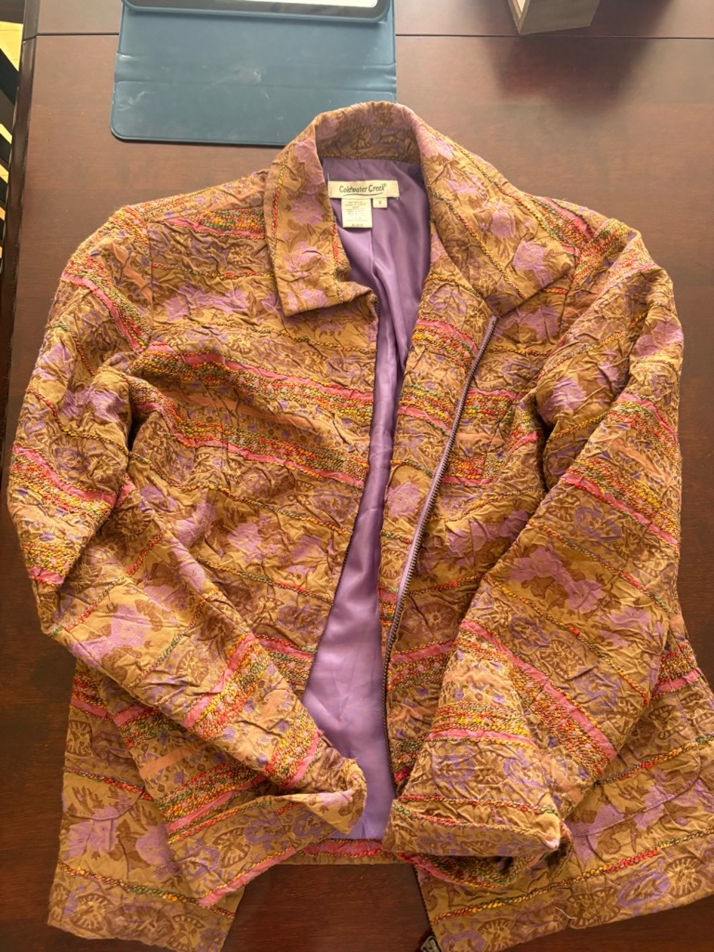 Coldwater Creek Quilted Floral-Textured Jacket in Gold & Purple